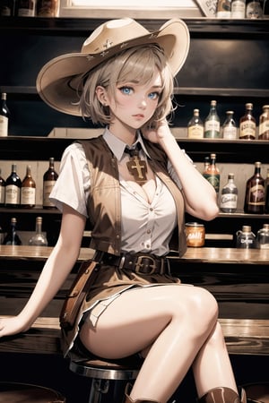 1girl, solo, ((cowboy style)), 10 gallons hat, short bob hair, white hair, slit pupils, blue eyes, upturned eyes, flirtatious glance, looking at viewer, (brown short skirt), gun belt, colt 45 revolver, (brown vest), sheriff’s badge, (short-sleeved beige collared shirt), cleavage, standing, cowboy shot, natural lips, realistic,  brown long boots, beutyfull thighs, beutyfull legs, (sit in a round chair:1.1), (cross one’s legs:1.3), (lean against the bar counter:1.2), high-resolution, masterpiece, 8K, intricate detaled, daylight, dynamic light, background, tombstone town, scene 1881., in the lively saloon, 