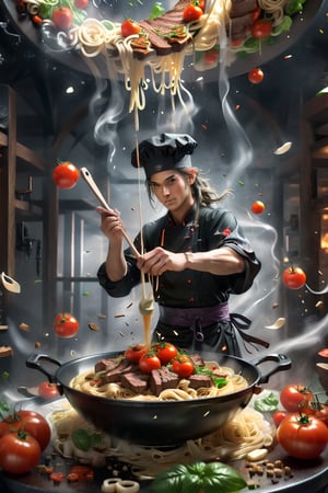 Food photo, black magic chef in black apron, modern kitchen, holding chopstik and spatula, manipulate objects around, floating noodle, swirling tomatos, floating slice of beef, epic scene, energc, magical, fantasy, hyperdetailed , booth,Magical Fantasy style