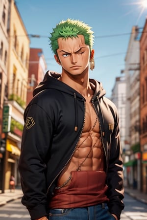 post-time zoro, male focus, solo, 1boy,  muscular male, looking at viewer, three earrings left side, black hoodie, denim pants, outdoors, upper body, close the left eye