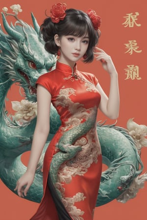 
Qipao:1.1,1 girl, full body:1.1, (masterful), detailed and intricate, Glass Elements, looking_at_viewer, Chinese girls, goth person, sfw, complex background, dragon pattern on red Qipao, dragon-themed, 