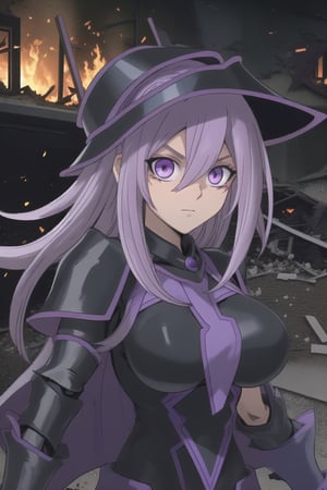 DMG,hmdmg1, ((masterpiece)), destroyed building, (burned buildings:1.3), (flames:1.2), night,masterpiece, high quality, best quality, 8k, high resolution, gigantic breasts, looking at viewer, (face focus:1.2), very evil, evil green eyes, (white and purple hair:1.4), black and purple armour, dark magician girl, standing_up, (upper body:1.2), (black rubber bodysuit:1.4), (black armour:1.4),head gear, dynamic, medium small breast,