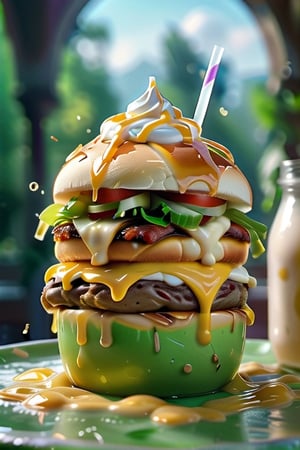 (+18) , nsfw, 

 cheeseburger splashed into a pool of milkshake, 
Best quality,masterpiece,ultra high res,booth,,food focus,still life,food,simple background,green background,,