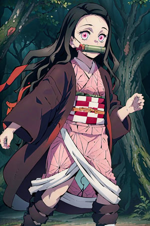 masterpiece, best quality, 1girl, nezuko, multicolored hair, pink kimono, bit gag, checkered sash, looking at viewer, in forest, perfect light, perfect hands 5 fingers, combat pose,perfect,hand,fingers