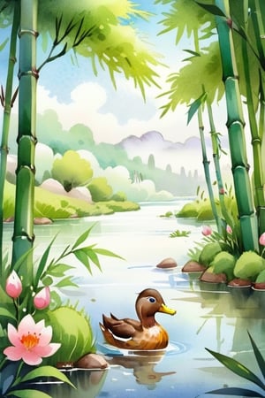 peach blossom, bamboo
((Duck)) swimming in the river
spring scenery
Chinese watercolor style,
watercolour,shuimobysim,watercolor,shuicaixiaodian,mythical clouds