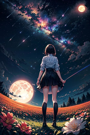 (bottom view), girl standing in a flower field looking up (full moon), (shooting stars), (nebula), sakura, (warm light source:), (Firefly), intricate details, volumetric lighting, (masterpiece), (best quality), 4k, ultra-detailed, (dynamic composition), highly detailed, colorful details, (rainbow colors), (glowing lighting, atmospheric lighting), dreamy, magical,