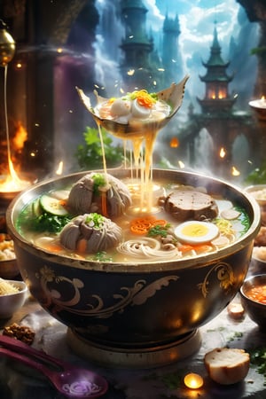 Food photograph, a bowl of epic bakso, yummy look, fantasy, magical , glowing cellery, sparkling soup,Magical Fantasy style,booth