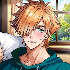 1guy, male, Robin Hood(Fate), ((solo)), (looking_at_viewer), blush, smile, shy, sweat, hold pillow, from side,
short hair, orange hair, spiked hair, green_eyes, ((hair over one eye)), blouse,
upper_body, (indoors),
(perfect detailed face), ((clear face)), detailed eyes, ((clear details)), anime,
(highly detailed), masterpiece, ((best quality)),  illustrations,