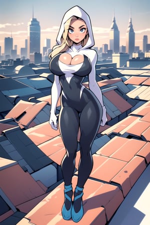 Masterpiece, Best Quality, perfect breasts, perfect face, perfect composition, UHD, 4k, ((1girl)), ((standing on a city roof)), surrounded by skyscrapers, busty woman, great legs, blonde hair, ((natural breasts)),gwen, bodysuit, web-print, ballet shoes, hood up, huge breasts, (upper-half body portrait),