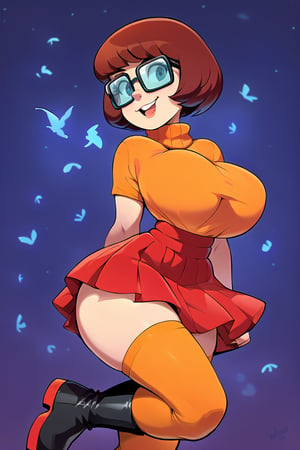 score_9, score_8_up, score_8, orange jumper, brown hair, bob hair cut, ((thick rimmed square glasses)), huge breasts, sultry expression, in a haunted house at night, red skirt, slim waist, Velma dinkley, thighhighs, black boots,