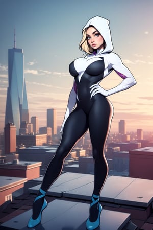 Masterpiece, Best Quality, perfect breasts, perfect face, perfect composition, UHD, 4k, ((1girl)), ((standing on a city roof)), surrounded by skyscrapers, busty woman, great legs, blonde hair, ((natural breasts)),gwen, bodysuit, web-print, ballet shoes, hood up,
