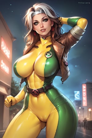 score_9, score_8_up, score_8, huge breasts, natural breasts, braless, narrow waist, sexy pose, in a city at night, 2d, joey, rogue from the xmen, (green and yellow bodysuit, leather jacket),