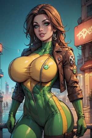 score_9, score_8_up, score_8, huge breasts, natural breasts, braless, narrow waist, sexy pose, in a city at night, 2d, cherrymousestreet, joey, rogue from the xmen, (green and yellow bodysuit, leather jacket),