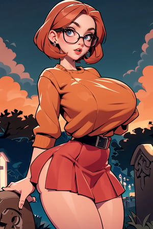 Masterpiece, Best Quality, perfect breasts, perfect face, perfect composition, perfect fingers, perfect hands, ultra-detail, (solo), highres, narrow waist, 40 years old, ((short red skirt)), ((thick orange jumper)), (((dark-brown Bob hair))), ((in a graveyard at night)), looking sexy, busty woman, ((natural breasts)), ((cowboy shot)), (huge breasts), black rimmed glasses,