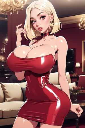 Masterpiece, Best Quality, perfect breasts, perfect face, perfect composition, UHD, 4k, ((1girl)), (((short red dress, bare shoulders))), ((in living room)), busty woman, great legs, ((blonde hair)), ((short hairstyle)), ((natural breasts)),Lisa