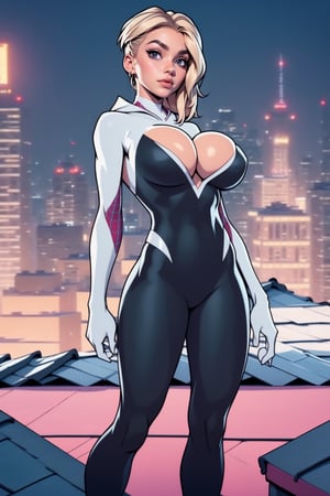Masterpiece, Best Quality, perfect breasts, perfect face, perfect composition, UHD, 4k, ((1girl)), ((on a city roof)), at night, surrounded by skyscrapers, busty woman, great legs, blonde hair, ((natural breasts)),gwen, tight bodysuit, web-print, ballet shoes, hood down, huge breasts,