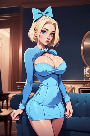 Masterpiece, Best Quality, perfect breasts, perfect face, perfect composition, UHD, 4k, ((1girl)), (((short blue dress, long sleeves))), ((in living room)), busty woman, great legs, ((blonde hair)), ((short hair)), ((blue bow in hair)), ((natural breasts)), maggie Simpson,