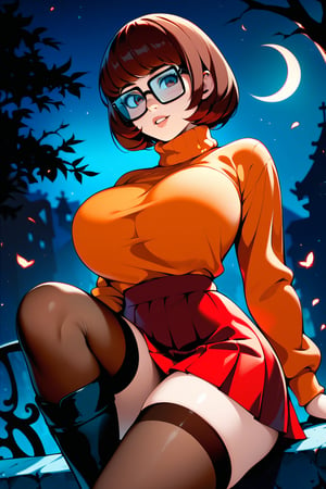score_9, score_8_up, score_8, orange jumper, brown hair, bob hair cut, ((thick rimmed square glasses)), huge breasts, sultry expression, in a haunted house at night, red skirt, slim waist, Velma dinkley, thighhighs, black boots,