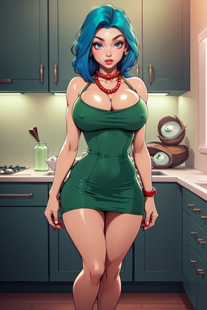 Masterpiece, Best Quality, perfect breasts, perfect face, perfect composition, UHD, highres, 4k, ((1girl)), dark brown eyes, (((short green dress))), bare shoulders, (((red pearl neacklace))), in a kitchen, busty woman, great legs, ((long blue hair)), ((natural breasts)),marge simpson