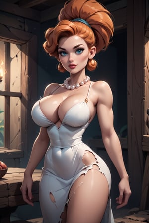 score_9, score_8_up, score_8, ginger hair, huge breasts, sexy pose, in a caveman’s livingroom, torn white dress, red pearl necklace, narrow waist, Wilma flintstone, 2d,