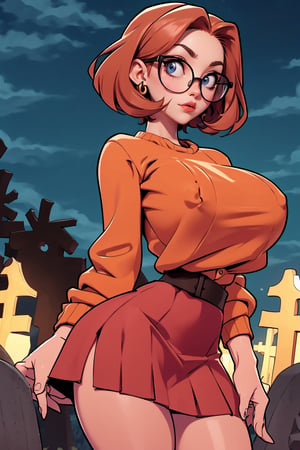 Masterpiece, Best Quality, perfect breasts, perfect face, perfect composition, perfect fingers, perfect hands, ultra-detail, (solo), highres, narrow waist, 40 years old, ((short red skirt)), ((thick orange jumper)), (((dark-brown Bob hair))), ((in a graveyard at night)), looking sexy, busty woman, ((natural breasts)), ((cowboy shot)), (huge breasts), black rimmed glasses,