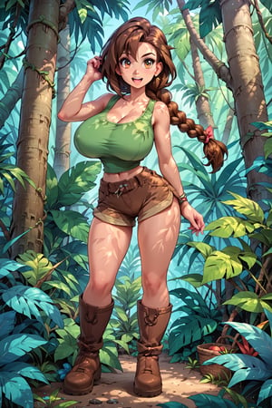 milfpeaches, score_9, score_8_up, score_8, 40 years old, tight green tank top, brown hair, long single braid hair, ((in a jungle)), looking sexy, busty woman, natural breasts, huge breasts, brown shorts, narrow waist, large brown boots,