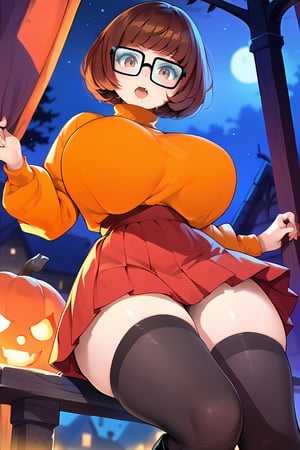 score_9, score_8_up, score_8, orange jumper, brown hair, bob hair cut, ((thick rimmed square glasses)), huge breasts, sultry expression, in a haunted house at night, red skirt, slim waist, Velma dinkley, thighhighs, black boots,