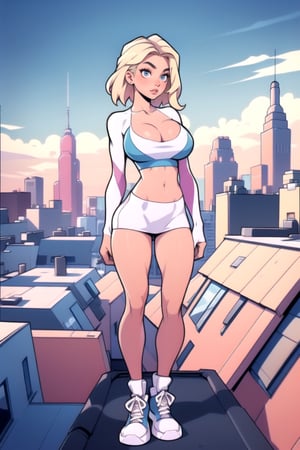 Masterpiece, Best Quality, perfect breasts, perfect face, perfect composition, UHD, 4k, ((1girl)), ((standing on a city roof)), busty woman, great legs, blonde hair, ((natural breasts)),gwen