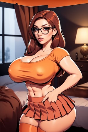 Masterpiece, Best Quality, perfect breasts, perfect face, perfect composition, UHD, 4k, ((1girl)), ((solo)), dark-brown eyes, (((red skirt))), (((tight orange top))), in a bedroom, at night, busty woman, great legs, ((dark-brown hair)), shoulder-length hair, ((natural breasts)), (((thick rimmed glasses))), thigh high stockings, red lipstick, (cowboy shot),narrow waist