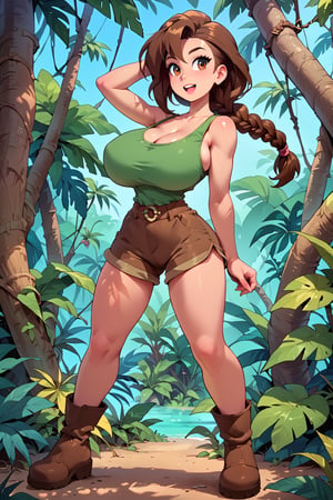 milfpeaches, score_9, score_8_up, score_8, 40 years old, tight green tank top, brown hair, long single braid hair, ((in a jungle)), looking sexy, busty woman, natural breasts, huge breasts, brown shorts, narrow waist, large brown boots,