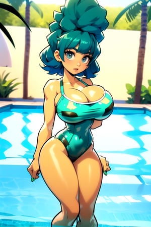 Masterpiece, Best Quality, perfect breasts, perfect face, perfect composition, UHD, 4k, ((1girl)), Marge Simpson, (((green swimsuit))), at the pool, busty woman, great legs, (((blue hair))), beehive hair style, ((natural breasts)), (((brown eyes))),marge simpson, ((yellow skin)), huge breasts,