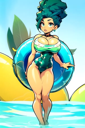 Masterpiece, Best Quality, perfect breasts, perfect face, perfect composition, UHD, 4k, ((1girl)), Marge Simpson, (((green swimsuit))), at the pool, busty woman, great legs, (((blue hair))), beehive hair style, ((natural breasts)), (((brown eyes))),marge simpson, ((yellow skin)), huge breasts,