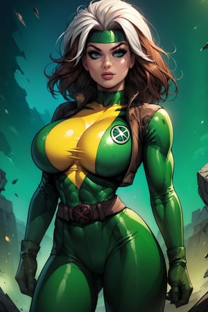 score_9, score_8_up, score_8, huge breasts, (rogue xmen outfit), narrow waist, in a destroyed city, sexy pose, 2d, long brown hair, (white hair fringe),joey,