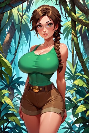 milfpeaches, score_9, score_8_up, score_8, 40 years old, tight green tank top, brown hair, long single braid hair, ((in a jungle)), looking sexy, busty woman, natural breasts, huge breasts, brown shorts, narrow waist, large brown boots,  Lara Croft ,