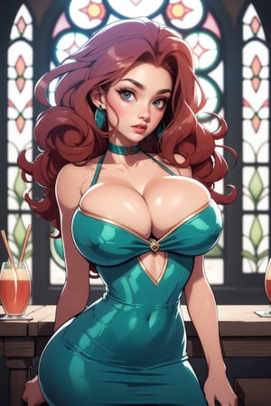 Masterpiece, Best Quality, perfect breasts, perfect face, perfect composition, UHD, 4k, ((1girl)), dressed as merida from brave, Red curly hair, big hair, blue eyes, ((dark Green dress)), in a castle, stain glass windows, detailed dress, freckles on her face, cheek blush, big puffy hair, very curly hair, busty woman, great legs, ((red hair)), ((natural breasts)), ,sexy, freckles, 