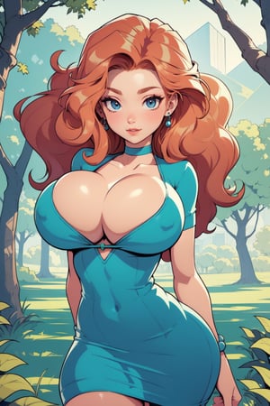Masterpiece, Best Quality, perfect breasts, perfect face, perfect composition, UHD, 4k, ((1girl)), dressed as merida from brave, Red curly hair, big hair, blue eyes, ((dark Green dress)), in the forest, detailed dress, freckles on her face, cheek blush, big puffy hair, very curly hair, busty woman, great legs, ((red hair)), ((natural breasts)), ,sexy, freckles, 
