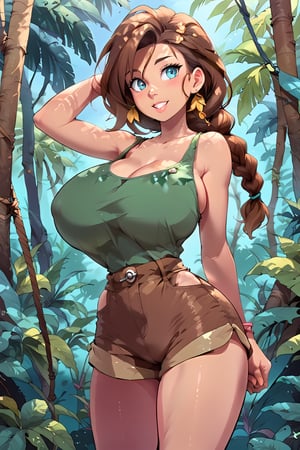 milfpeaches, score_9, score_8_up, score_8, 40 years old, tight green tank top, brown hair, long single braid hair, ((in a jungle)), looking sexy, busty woman, natural breasts, huge breasts, brown shorts, narrow waist, large brown boots,