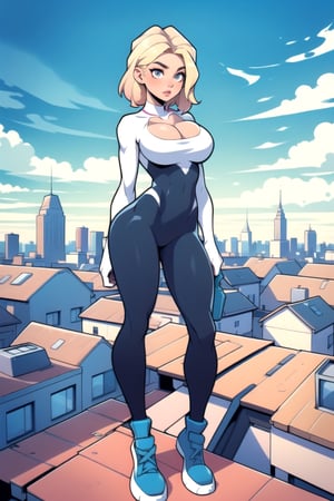 Masterpiece, Best Quality, perfect breasts, perfect face, perfect composition, UHD, 4k, ((1girl)), ((standing on a city roof)), busty woman, great legs, blonde hair, ((natural breasts)),gwen