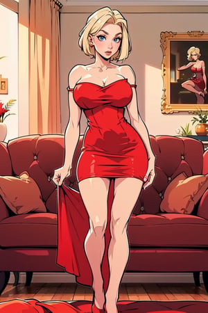 Masterpiece, Best Quality, perfect breasts, perfect face, perfect composition, UHD, 4k, ((1girl)), (((short red dress, bare shoulders))), ((in living room)), busty woman, great legs, ((blonde hair)), ((short hair)), ((natural breasts)),Lisa Simpson,