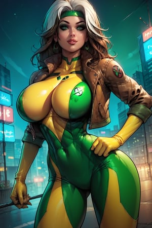 score_9, score_8_up, score_8, huge breasts, natural breasts, braless, narrow waist, sexy pose, in a city at night, 2d, cherrymousestreet, joey, rogue from the xmen, (green and yellow bodysuit, leather jacket), no makeup,