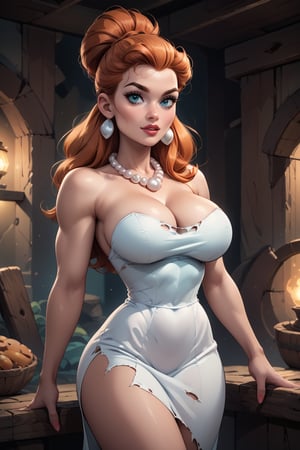 score_9, score_8_up, score_8, ginger hair, huge breasts, sexy pose, in a caveman’s livingroom, torn white dress, red pearl necklace, narrow waist, Wilma flintstone, 2d,