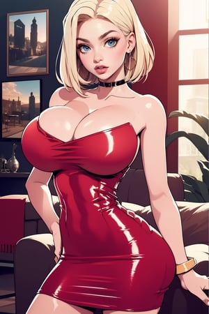 Masterpiece, Best Quality, perfect breasts, perfect face, perfect composition, UHD, 4k, ((1girl)), (((short red dress, bare shoulders))), ((in living room)), busty woman, great legs, ((blonde hair)), ((very short hairstyle)), ((natural breasts)),Lisa