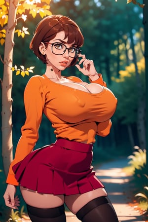 Masterpiece, Best Quality, perfect breasts, perfect face, perfect composition, UHD, 4k, (1girl), (((short red skirt))), (((long-sleeve orange  shirt))), in a forest, at night, busty woman, great legs, brown hair, short haircut, ((natural breasts)), ((square glasses)), ((black rimmed glasses)), thigh high stockings,