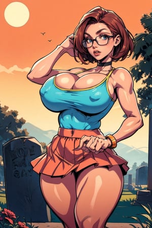 Masterpiece, Best Quality, perfect breasts, perfect face, perfect composition, perfect fingers, (((perfect hands))), ultra-detail, brown hair, short hair, ((thick rimmed square glasses)), ((large breasts)), sexy look, fitness figure, (orange top), ((short bright_red skirt)), (solo), choker, in a graveyard, full moon,highres,Busty_redhead,sexy fit body