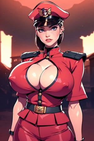 Masterpiece, Best Quality, perfect breasts, perfect face, perfect composition, UHD, 4k, ((1girl)), ((solo)), purple eyes, (((red military uniform))), (((female m. bison))), in a street, at night, busty woman, great legs, ((dark-brown hair)), shoulder-length hair, ((natural breasts)), red lipstick,thepit, (cowboy shot), large breasts, long cape,