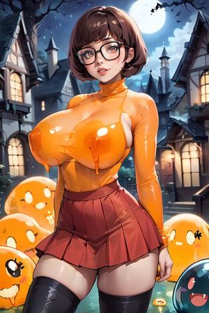 score_9, score_8_up, score_8, orange bikini top, brown hair, bob hair cut, ((thick rimmed square glasses)), (huge breasts), sultry expression, in a haunted house at night, red skirt, slim waist, Velma dinkley, thighhighs, black boots, (((body covered in translucent slime))),