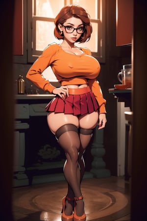 Masterpiece, Best Quality, perfect breasts, perfect face, perfect composition, UHD, 4k, ((1girl)), ((solo)), dark-brown eyes, (((short red skirt))), (((long-sleeve orange top))), in a gothic house, at night, busty woman, great legs, ((dark-brown hair)), shoulder-length hair, ((natural breasts)), (((thick rimmed glasses))), thigh high stockings, red lipstick,thepit, (cowboy shot),