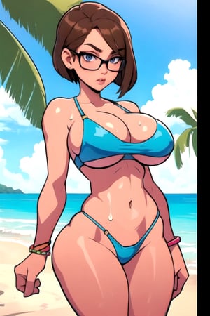 Masterpiece, Best Quality, orange swimsuit, at the beach. cleavage , brown hair, long bob hair cut, wet hair, ((thick rimmed square glasses)), ((large breasts)), perfect breasts, perfect face, perfect composition, ultra-detail, sultry expression, slim hourglass figure ,thepit, (cowboy shot),MADGIO,mssstyle