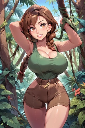 milfpeaches, score_9, score_8_up, score_8, 40 years old, tight green tank top, brown hair, long single braid hair, ((in a jungle)), looking sexy, busty woman, natural breasts, huge breasts, brown shorts, narrow waist, large brown boots,