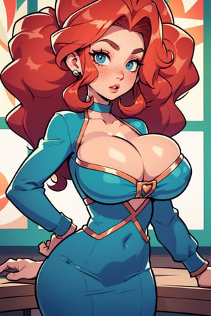 Masterpiece, Best Quality, perfect breasts, perfect face, perfect composition, UHD, 4k, ((1girl)), dressed as merida from brave, Red curly hair, big hair, blue eyes, ((darkGreen dress)), in a castle, stain glass windows, detailed dress, freckles on her face, cheek blush, big puffy hair, very curly hair, busty woman, great legs, ((red hair)), ((natural breasts)), ,sexy, freckles, 