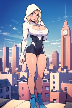 Masterpiece, Best Quality, perfect breasts, perfect face, perfect composition, UHD, 4k, ((1girl)), ((standing on a city roof)), surrounded by skyscrapers, busty woman, great legs, blonde hair, ((natural breasts)),gwen, bodysuit, web-print, ballet shoes, hood up, huge breasts,